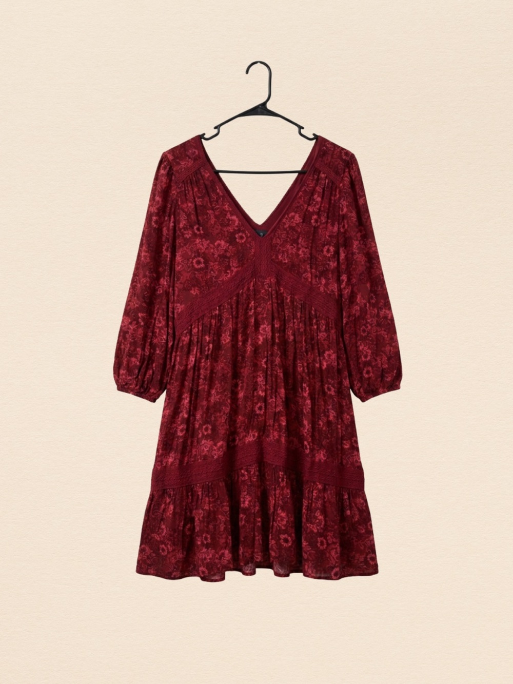 Floral V-Neck Mini Dress in Burgundy